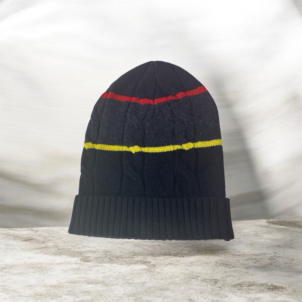 Men’s Navy Knit Beanie Hat Cable Knit Red & Yellow Stripe One M